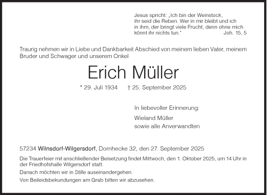 Traueranzeige von Erich Müller von Siegener Zeitung