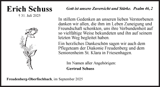 Traueranzeige von Erich Schuss von Siegener Zeitung