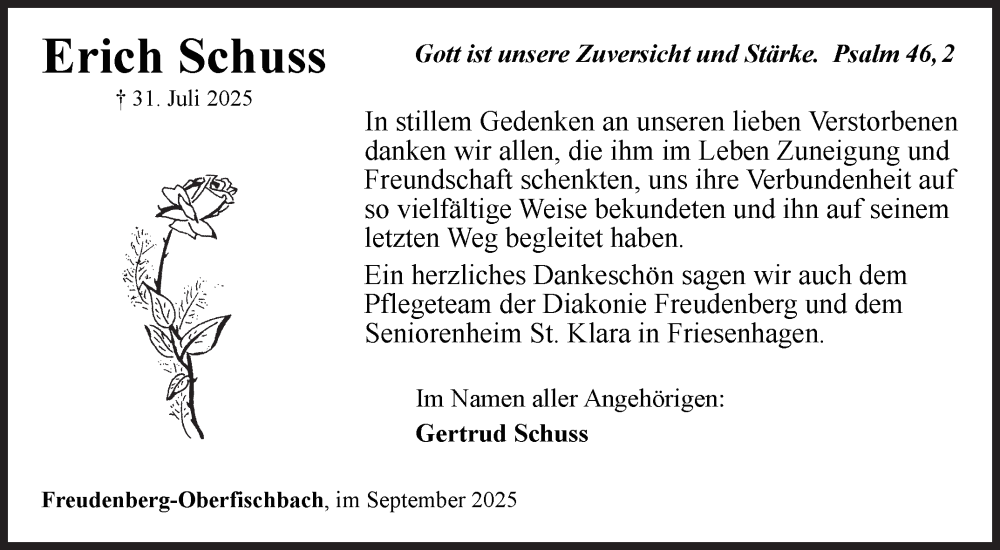  Traueranzeige für Erich Schuss vom 26.09.2025 aus Siegener Zeitung