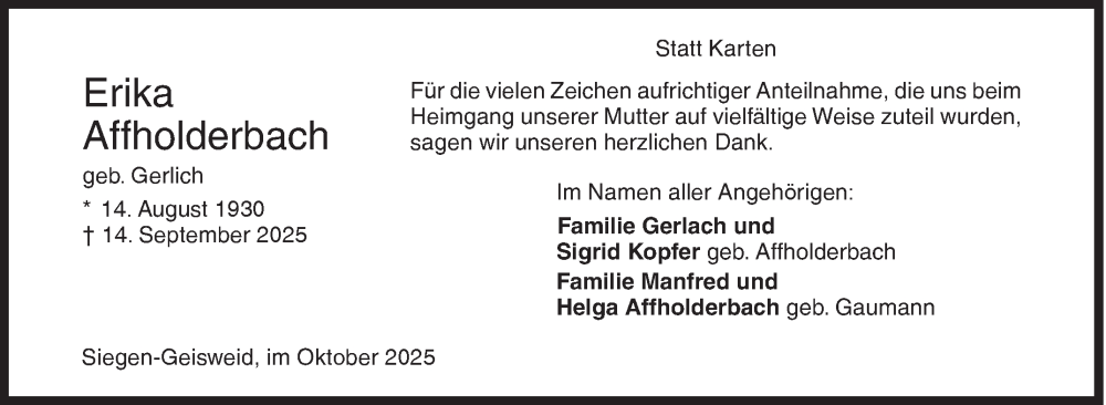  Traueranzeige für Erika Affholderbach vom 25.10.2025 aus Siegener Zeitung