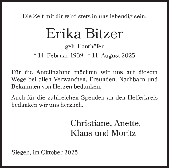 Traueranzeige von Erika Bitzer von Siegener Zeitung