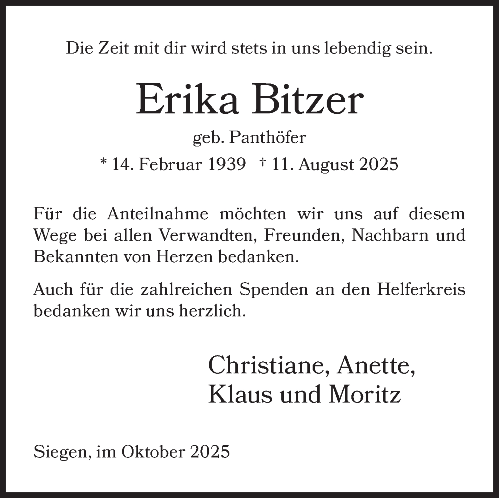  Traueranzeige für Erika Bitzer vom 09.10.2025 aus Siegener Zeitung