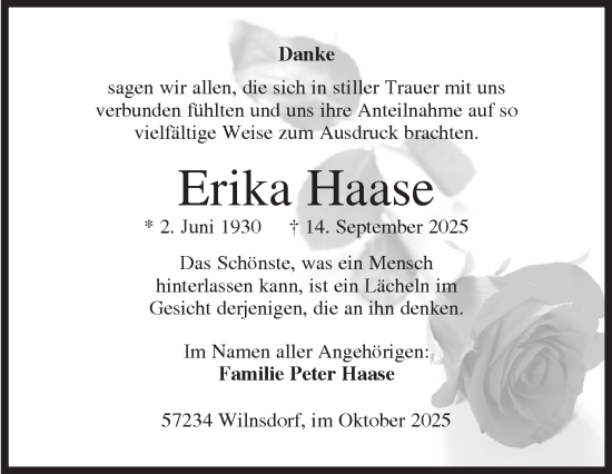 Traueranzeige von Erika Haase von Siegener Zeitung
