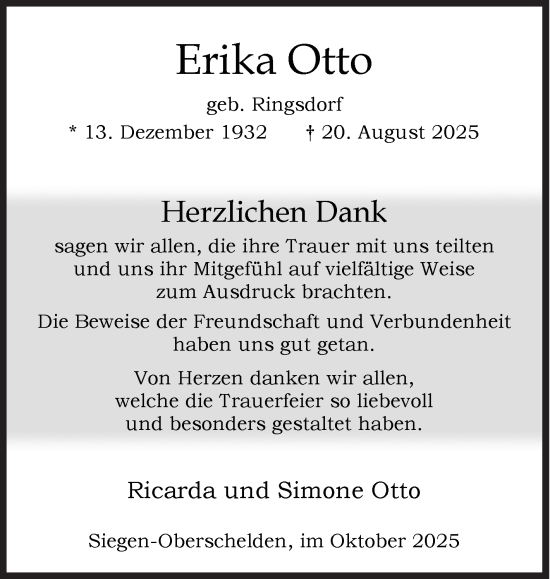 Traueranzeige von Erika Otto von Siegener Zeitung