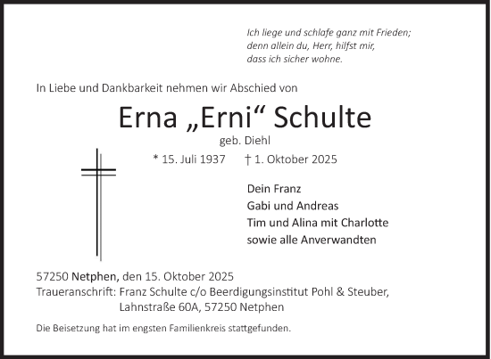 Traueranzeige von Erna Schulte von Siegener Zeitung