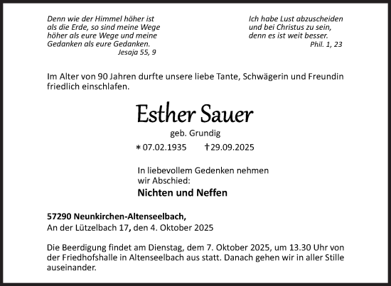 Traueranzeige von Esther Sauer von Siegener Zeitung