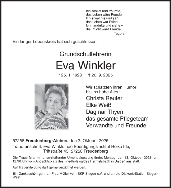 Traueranzeige von Eva Winkler von Siegener Zeitung