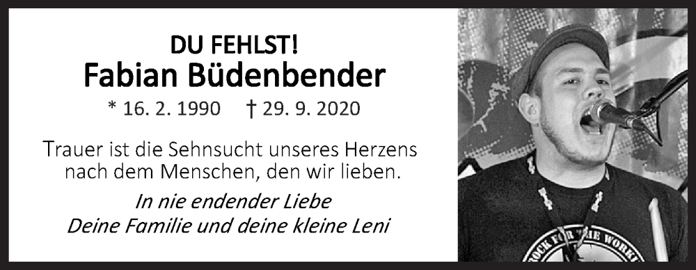  Traueranzeige für Fabian Büdenbender vom 29.09.2025 aus Siegener Zeitung