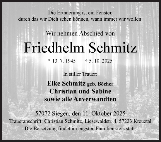 Traueranzeige von Friedhelm Schmitz von Siegener Zeitung