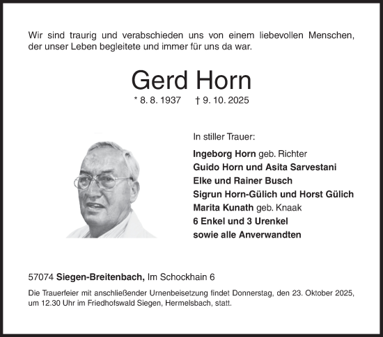 Traueranzeige von Gerd Horn von Siegener Zeitung