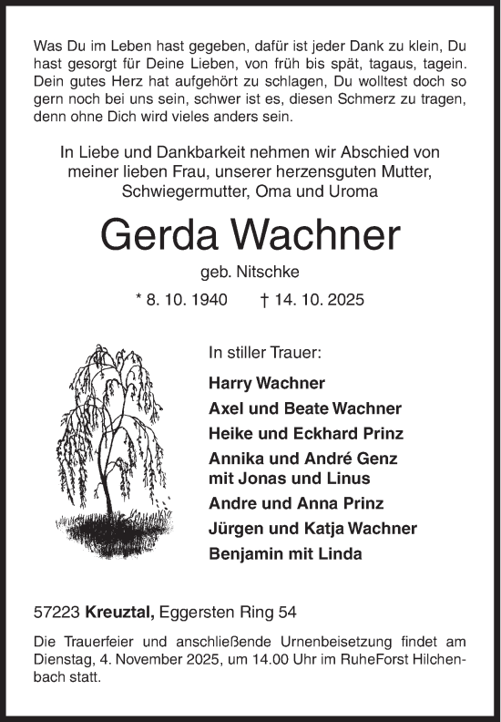 Traueranzeige von Gerda Wachner von Siegener Zeitung