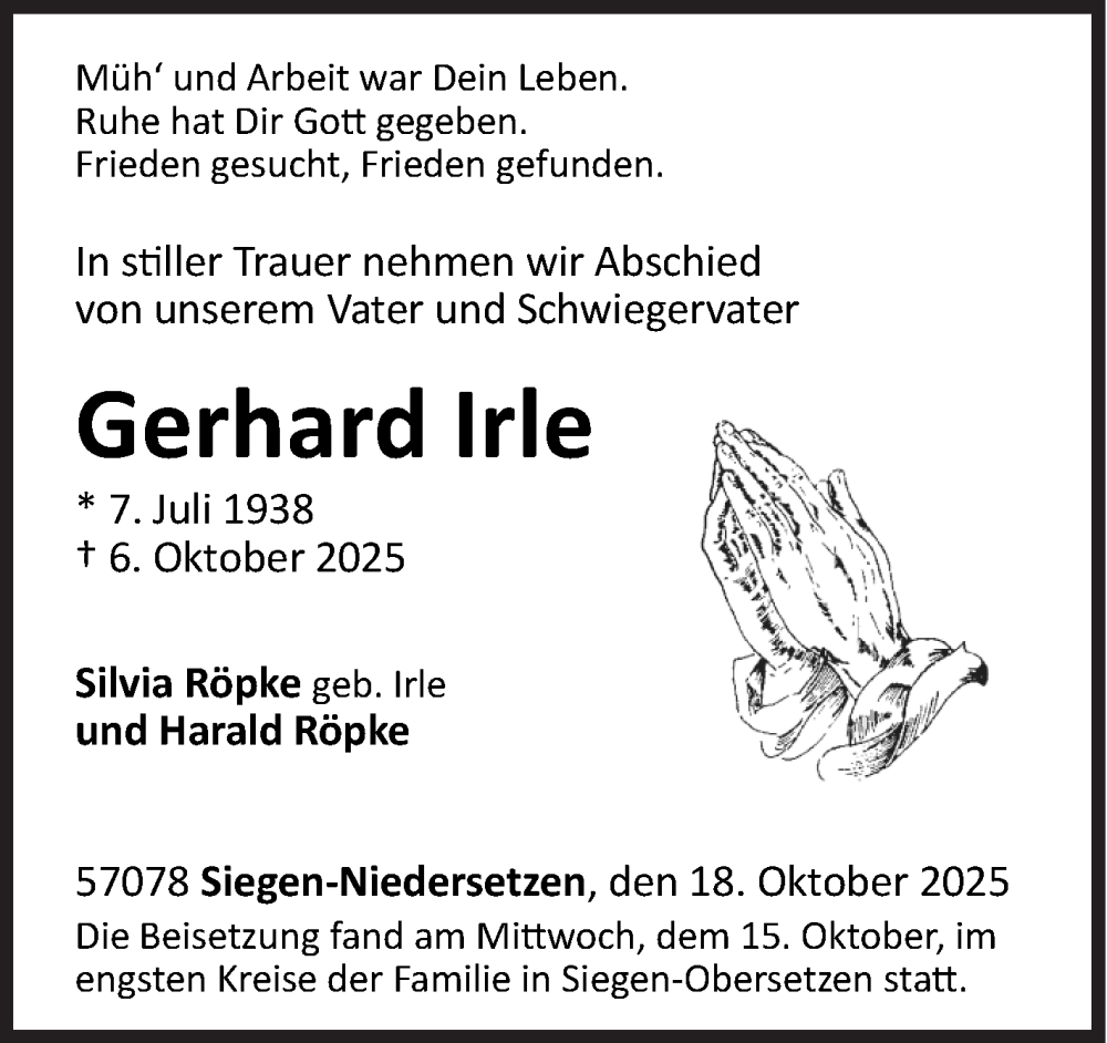  Traueranzeige für Gerhard Irle vom 18.10.2025 aus Siegener Zeitung