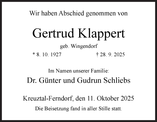 Traueranzeige von Gertrud Klappert von Siegener Zeitung