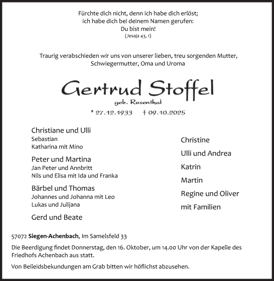 Traueranzeige von Gertrud Stoffel von Siegener Zeitung