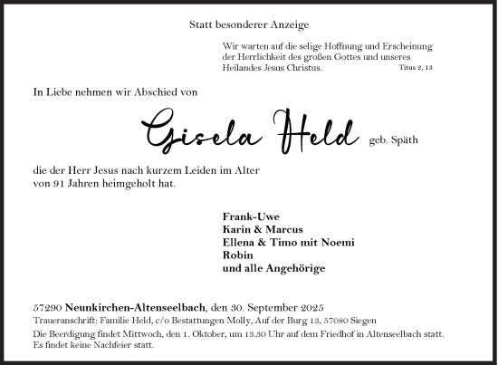 Traueranzeige von Gisela Held von Siegener Zeitung