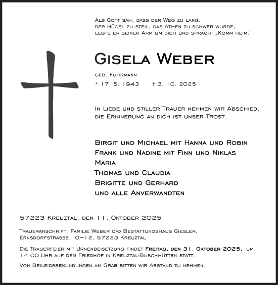 Traueranzeige von Gisela Weber von Siegener Zeitung