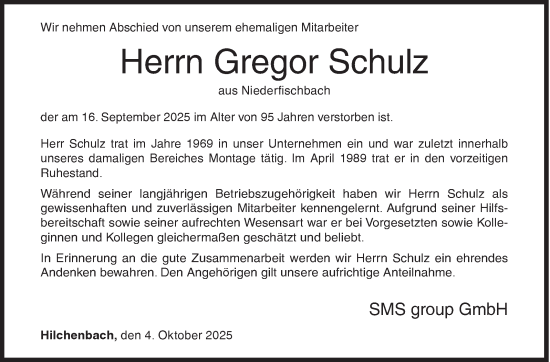 Traueranzeige von Gregor Schulz von Siegener Zeitung