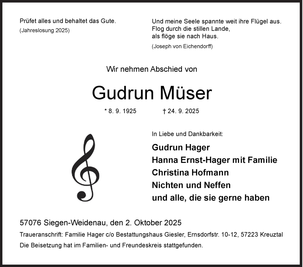  Traueranzeige für Gudrun Müser vom 02.10.2025 aus Siegener Zeitung