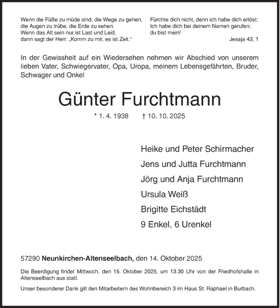 Traueranzeige von Günter Furchtmann von Siegener Zeitung