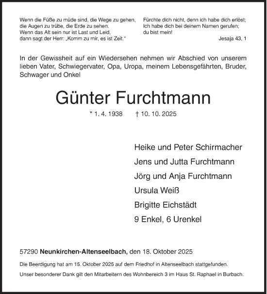 Traueranzeige von Günter Furchtmann von Siegener Zeitung
