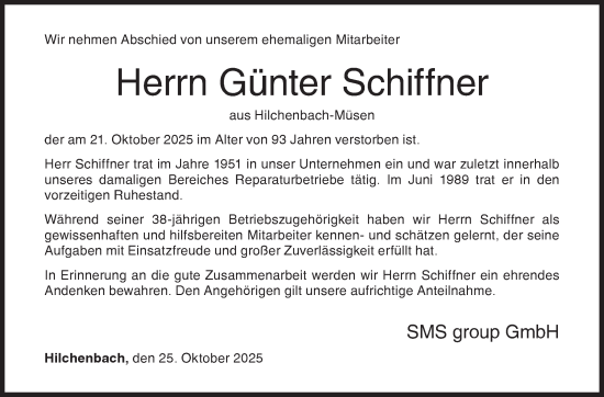 Traueranzeige von Günter Schiffner von Siegener Zeitung