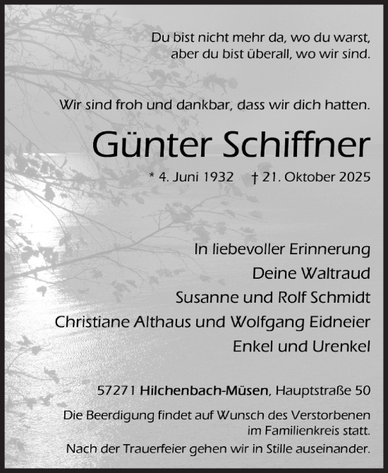 Traueranzeige von Günter Schiffner von Siegener Zeitung