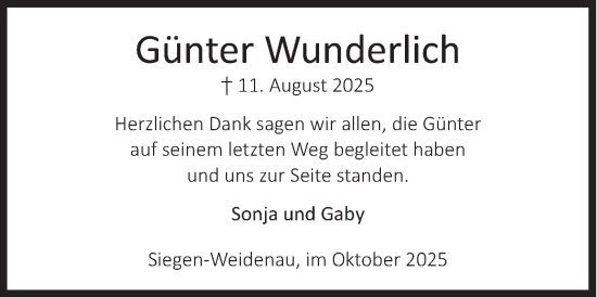Traueranzeige von Günter Wunderlich von Siegener Zeitung