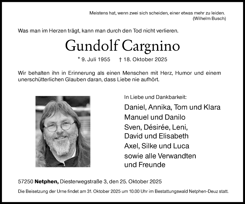  Traueranzeige für Gundolf Cargnino vom 25.10.2025 aus Siegener Zeitung