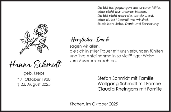 Traueranzeige von Hanna Schmidt von Siegener Zeitung