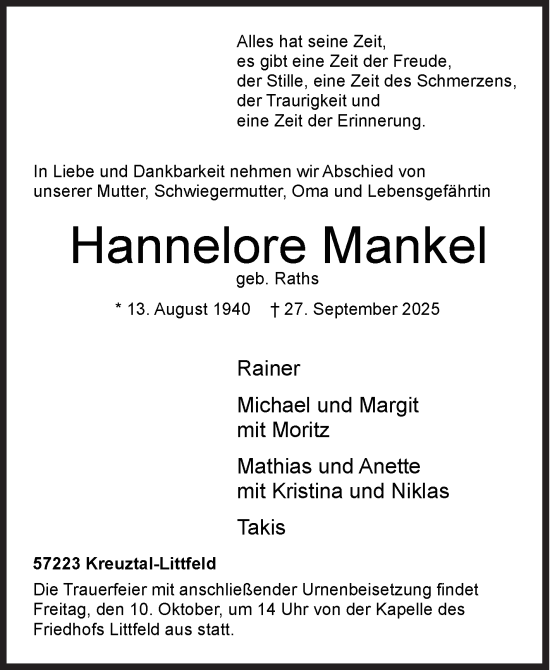 Traueranzeige von Hannelore Mankel von Siegener Zeitung