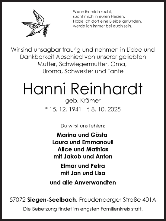 Traueranzeige von Hanni Reinhardt von Siegener Zeitung