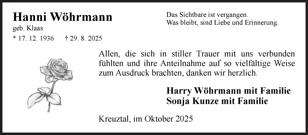  Traueranzeige für Hanni Wöhrmann vom 25.10.2025 aus Siegener Zeitung