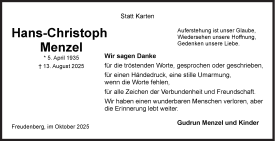 Traueranzeige von Hans-Christoph Menzel von Siegener Zeitung