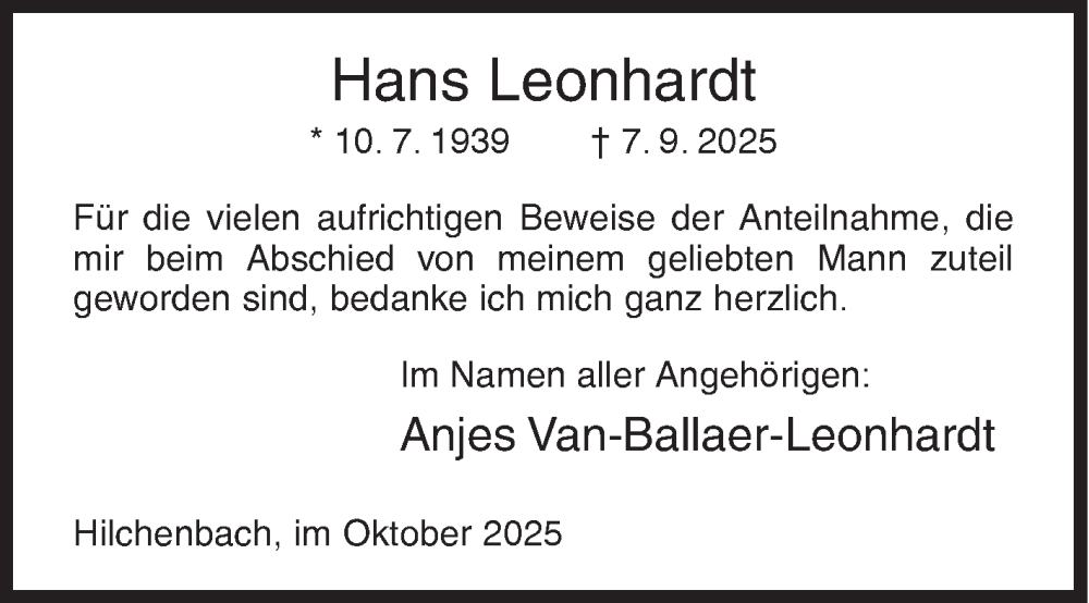  Traueranzeige für Hans Leonhardt vom 18.10.2025 aus Siegener Zeitung