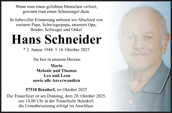 Traueranzeige von Hans Schneider von Siegener Zeitung