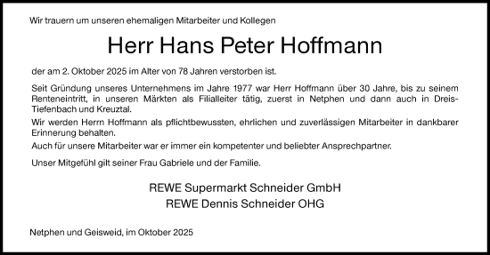 Traueranzeige von Hans Peter Hoffmann von Siegener Zeitung