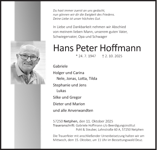 Traueranzeige von Hans Peter Hoffmann von Siegener Zeitung