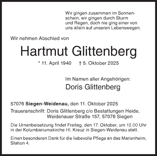 Traueranzeige von Hartmut Glittenberg von Siegener Zeitung
