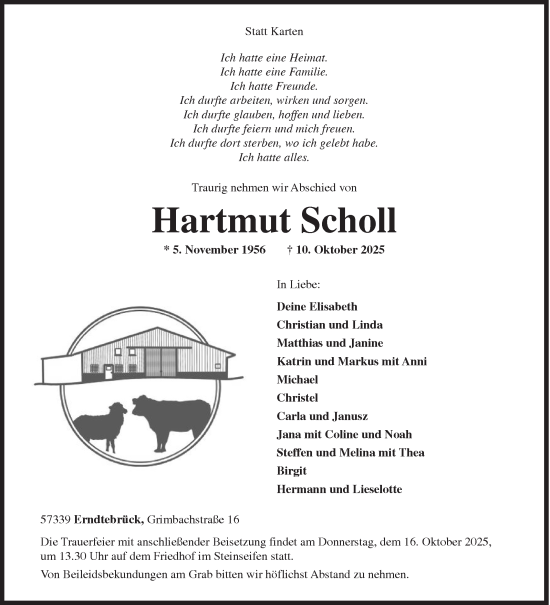 Traueranzeige von Hartmut Scholl von Siegener Zeitung