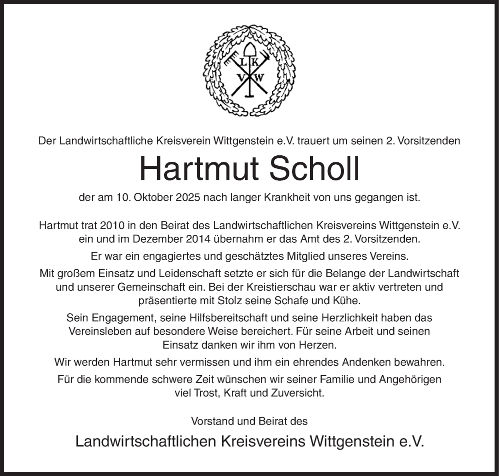  Traueranzeige für Hartmut Scholl vom 17.10.2025 aus Siegener Zeitung