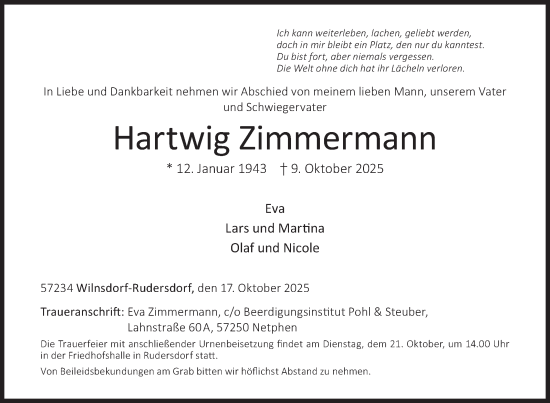 Traueranzeige von Hartwig Zimmermann von Siegener Zeitung