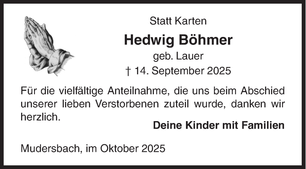  Traueranzeige für Hedwig Böhmer vom 25.10.2025 aus Siegener Zeitung