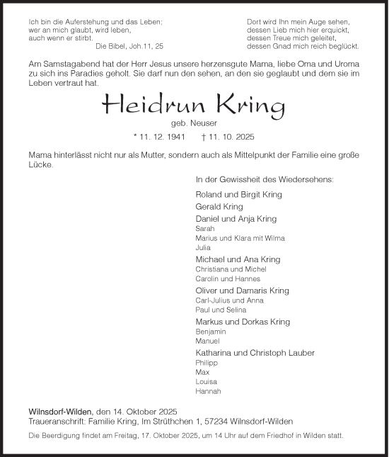 Traueranzeige von Heidrun Kring von Siegener Zeitung