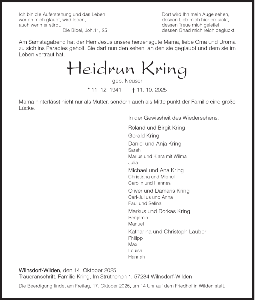  Traueranzeige für Heidrun Kring vom 14.10.2025 aus Siegener Zeitung