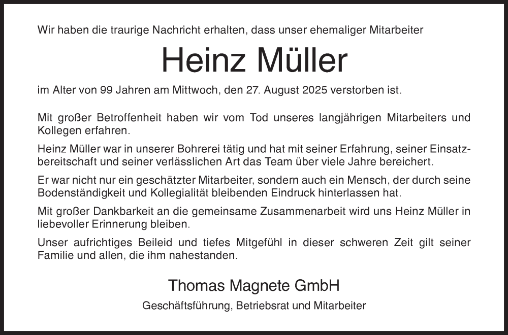  Traueranzeige für Heinz Müller vom 08.10.2025 aus Siegener Zeitung
