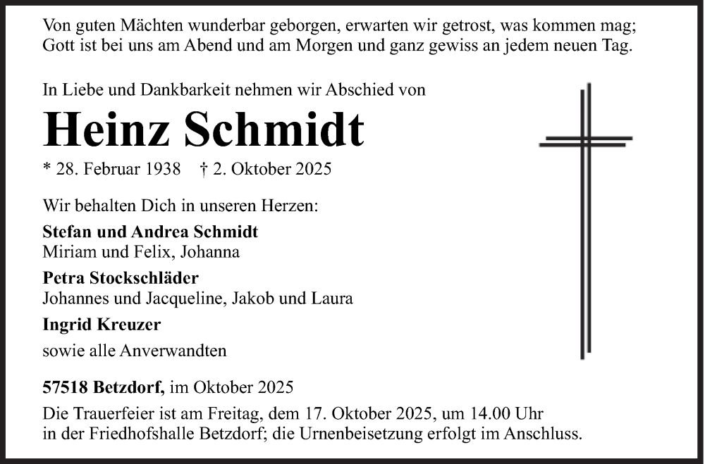  Traueranzeige für Heinz Schmidt vom 09.10.2025 aus Siegener Zeitung