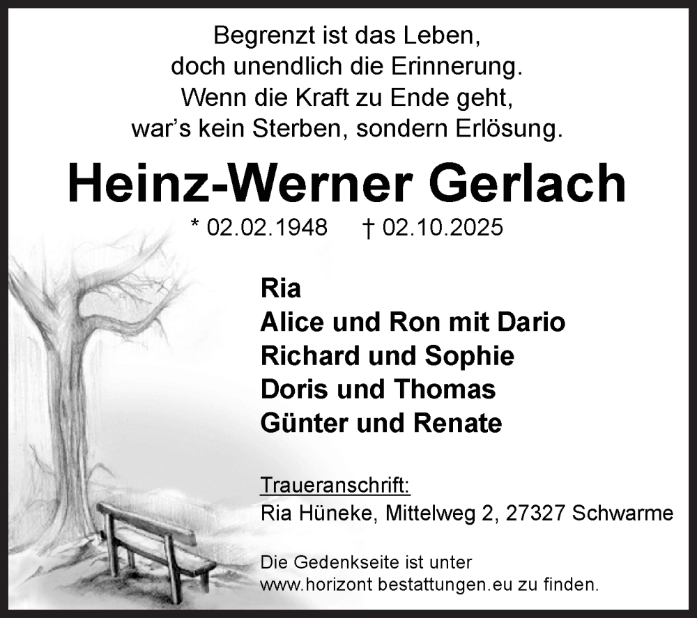  Traueranzeige für Heinz-Werner Gerlach vom 14.10.2025 aus Siegener Zeitung