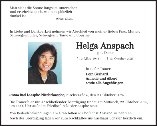 Traueranzeige von Helga Anspach von Siegener Zeitung