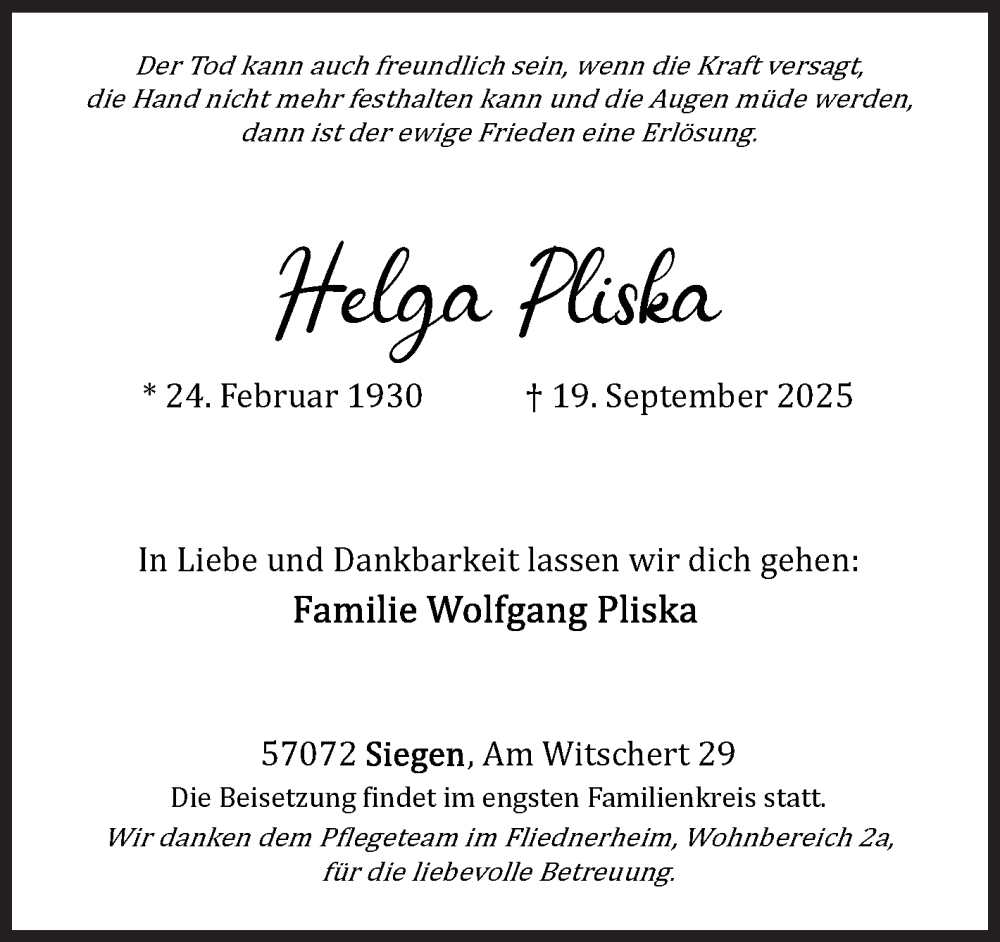  Traueranzeige für Helga Pliska vom 26.09.2025 aus Siegener Zeitung