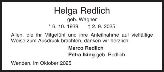 Traueranzeige von Helga Redlich von Siegener Zeitung